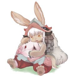 Rule 34 | 1girl, 1other, :3, animal ears, artist logo, barefoot, body fur, claws, commentary, ears through headwear, english commentary, facial mark, fangs, furry, hand on another&#039;s head, helmet, highres, horizontal pupils, hug, made in abyss, mitty (made in abyss), nanachi (made in abyss), on ground, one-eyed, open mouth, pouch, puffy pants, rabbit ears, red eyes, sidelocks, simple background, sitting, smile, susukitten, tail, whisker markings, white background, white hair, yellow eyes