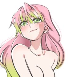 1girl bad_id bad_twitter_id breasts collarbone gradient_hair green_eyes green_hair kanroji_mitsuri kimetsu_no_yaiba long_hair mole mole_under_eye multicolored_hair out-of-frame_censoring pink_hair simple_background smile solo soyeonp19 topless two-tone_hair upper_body white_background