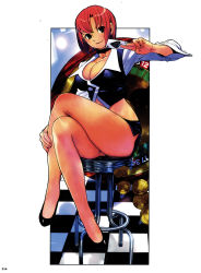 Rule 34 | 1girl, absurdres, black footwear, black skirt, breasts, card, checkered floor, choker, cleavage, closed mouth, collarbone, crossed legs, croupier, full body, green eyes, highres, holding, holding card, large breasts, legs, lips, looking at viewer, midriff, miniskirt, page number, pink hair, rio rollins, roulette wheel, scan, shoes, short hair, simple background, sitting, skirt, smile, solo, stool, super blackjack, thighs, yasuda akira
