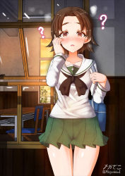 Rule 34 | 1girl, 3d background, ?, blush, breasts, brown hair, classroom, collarbone, girls und panzer, hand on own face, highres, looking at viewer, megadeko, microskirt, ooarai school uniform, open mouth, pleated skirt, sawa azusa, school uniform, shiny skin, short hair, skirt, small breasts, solo, sweat, window