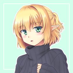 Rule 34 | 1girl, alternate costume, blonde hair, blush, green eyes, hair intakes, highres, isaki (gomi), mizuhashi parsee, pointy ears, ribbed sweater, short hair, solo, sweater, touhou, turtleneck, upper body
