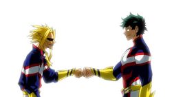Rule 34 | 10s, 2boys, age difference, aged up, all might, belt, blonde hair, bodysuit, boku no hero academia, clenched hand, closed mouth, epic, eye contact, facing another, fist bump, from side, green eyes, green hair, grin, happy, height difference, looking at another, matching hair/eyes, matching outfits, midoriya izuku, multiple boys, muscular, parted lips, shaded face, short hair, simple background, smile, standing, superhero costume, teacher and student, teeth, uniform, white background, yagi toshinori