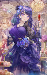 Rule 34 | 2girls, alternate costume, blunt bangs, blush, braid, breasts, cake stand, chandelier, cocktail dress, cocktail glass, cup, dress, drinking glass, earrings, flower, food, genshin impact, hair flower, hair ornament, highres, holding, holding cup, jewelry, lens flare, long hair, looking at viewer, low-braided long hair, low-tied long hair, macaron, mole, mole under eye, multiple girls, necklace, pantyhose, parted lips, pink hair, purple dress, purple eyes, purple flower, purple hair, raiden shogun, red dress, revision, rose, solo focus, torino aqua, vase, vision (genshin impact), wine glass, yae miko