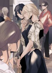 Rule 34 | 2boys, 3girls, absurdres, bag, black dress, black hair, blonde hair, blue nails, blurry, blurry background, blurry foreground, blush, bracelet, brown hair, closed eyes, closed mouth, commentary request, dress, grey jacket, hair up, hand on another&#039;s waist, hand up, highres, holding, holding bag, ito shiori, jacket, jewelry, long sleeves, looking at another, medium hair, multiple boys, multiple girls, off-shoulder dress, off shoulder, original, outdoors, purple eyes, red nails, red shirt, sara turner, shirt, shisa co, short hair, smile, white hair, yellow eyes, yuri