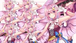 Rule 34 | 1girl, afueeriru, alternate costume, angry, apron, armpits, bird wings, blue sash, blush, boots, character name, closed mouth, dress, expressions, gloves, hair ornament, highres, idol, jitome, mystia lorelei, one eye closed, pink dress, pink eyes, pink hair, sash, sleeveless, sleeveless dress, smile, solo, standing, star (symbol), tachi-e, touhou, v-shaped eyebrows, waist apron, white background, wings
