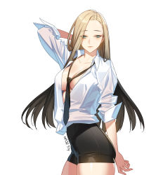 Rule 34 | 1girl, absurdres, artist name, between breasts, black necktie, black shorts, blonde hair, blue eyes, blush, breasts, brown hair, cleavage, closers, collarbone, collared shirt, contrapposto, cowboy shot, dress shirt, eyebrows, gradient hair, haje, hand in own hair, harpy (closers), highres, large breasts, lips, long hair, long sleeves, mole, mole under eye, multicolored hair, necktie, necktie between breasts, no bra, open clothes, open shirt, parted lips, see-through silhouette, shiny skin, shirt, shorts, simple background, skin tight, solo, standing, white background, wing collar