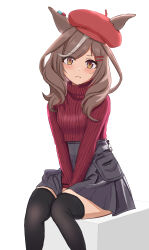Rule 34 | 1girl, absurdres, animal ears, black thighhighs, brown hair, cabbie hat, casual, closed mouth, commentary request, ear piercing, ears through headwear, filkia, frown, grey skirt, hair ornament, hairclip, hat, high-waist skirt, highres, horse ears, horse girl, long sleeves, looking at viewer, matikane tannhauser (umamusume), medium hair, miniskirt, multicolored hair, partial commentary, piercing, pleated skirt, purple sweater, red hat, ribbed sweater, simple background, sitting, skirt, solo, streaked hair, sweater, thighhighs, tilted headwear, turtleneck, turtleneck sweater, umamusume, v arms, white background
