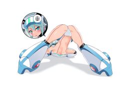 Rule 34 | 1girl, ass, blue eyes, blue hair, blush, boots, breasts, facial mark, from behind, ico (megaman x dive), jack-o&#039; challenge, large breasts, light blue hair, mega man (series), mega man x (series), mega man x dive, navel, popo (popo0cat), robot girl, solo, swimsuit, thighs, underboob, white footwear