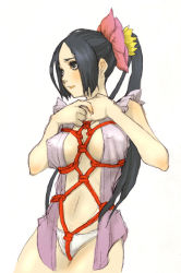 Rule 34 | 1girl, bdsm, black eyes, black hair, blush, bondage, bound, breast bondage, breasts, breasts apart, covered erect nipples, cowboy shot, crotch rope, embarrassed, hands on own chest, high ponytail, large breasts, lips, long hair, looking afar, midriff, navel, neoko, no bra, no pants, open clothes, open shirt, original, own hands together, panties, ponytail, puffy short sleeves, puffy sleeves, rope, scrunchie, shibari, shirt, short sleeves, simple background, sketch, solo, underwear, very long hair, white background, white panties