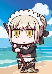 Rule 34 | 1girl, april fools, artoria pendragon (alter swimsuit rider) (fate), artoria pendragon (alter swimsuit rider) (second ascension) (fate), artoria pendragon (fate), beach, blonde hair, blue sky, chibi, cloud, day, fate/grand order, fate (series), holding, holding mop, maid headdress, mop, navel, official art, riyo (lyomsnpmp), sky, solo, water, yellow eyes