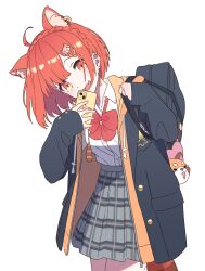 Rule 34 | 1girl, ahoge, animal ear fluff, animal ears, bag, black jacket, bow, bowtie, cat ears, cellphone, hair ornament, hairclip, highres, hood, hoodie, jacket, jacket over hoodie, nijisanji, open clothes, open hoodie, open jacket, orange eyes, orange hair, orange hoodie, phone, ratna petit, red bow, red bowtie, school bag, short hair, simple background, smartphone, smile, solo, virtual youtuber, wafucho (wwafucho), white background