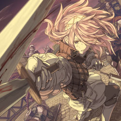 Rule 34 | 1girl, armor, blood, cloud, dagger, fire emblem, fire emblem fates, gloves, hair over one eye, hairband, helmet, holding, holding sword, holding weapon, knife, long hair, long sleeves, mooncanopy, nintendo, outdoors, parted lips, pink hair, pouch, sheath, shield, sky, soleil (fire emblem), solo focus, sword, weapon, white gloves