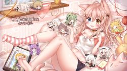 Rule 34 | 6+girls, ahoge, animal ears, bad id, bad twitter id, bare shoulders, barefoot, bedroom, bell, blue eyes, blue shorts, blush, breasts, cat ears, cat tail, cellphone, chibi, choker, cleavage, collar, commentary request, commission, cushion, drawing tablet, fang, feet, hair ornament, heterochromia, highres, holding, holding pen, honyang, indoors, jingle bell, korean commentary, long hair, lying, midriff, multiple girls, navel, neck bell, no shoes, off-shoulder shirt, off shoulder, on back, on bed, open mouth, original, pen, phone, pillow, pink hair, pink legwear, shelf, shirt, short shorts, short sleeves, shorts, single sock, small breasts, smartphone, smile, socks, soles, solo focus, striped clothes, striped legwear, striped socks, stuffed toy, stylus, tail, toes, twitter username, window, x hair ornament, yarn, yellow eyes