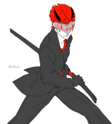 Rule 34 | 1boy, adam taurus, bad id, bad pixiv id, battoujutsu stance, black gloves, black jacket, black pants, fighting stance, gloves, horns, jacket, katana, male focus, mask, pants, partially colored, ready to draw, red hair, rwby, sheath, signal m, signature, solo, sword, unsheathing, weapon, white background