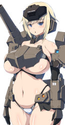 Rule 34 | 1girl, adapted costume, black gloves, blonde hair, blue eyes, blush, breasts, frame arms girl, gloves, gourai, headgear, highres, huge breasts, looking at viewer, mecha musume, navel, open mouth, sankakukin gear, shiny skin, short hair, shoulder cannon, simple background, skindentation, solo, standing, thong, white background