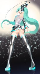 Rule 34 | 1girl, absurdres, aqua eyes, aqua hair, aqua necktie, armpits, ass, bad id, bad pixiv id, black sleeves, black thighhighs, boots, breasts, detached sleeves, from behind, hatsune miku, headphones, headset, highres, long hair, looking at viewer, looking back, necktie, no panties, shiny skin, skirt, sleeveless, solo, standing, thigh boots, thighhighs, twintails, very long hair, vocaloid, volyz