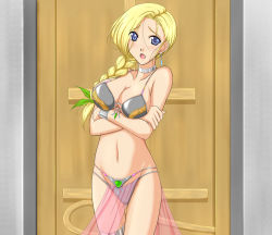 Rule 34 | 1girl, bianca (dq5), bikini, blonde hair, blue eyes, braid, breast hold, breasts, choker, cleavage, dancer, dancer&#039;s costume (dq), door, dragon quest, dragon quest v, earrings, embarrassed, hair over shoulder, jewelry, large breasts, long hair, lots of jewelry, navel, pelvic curtain, single braid, solo, swimsuit