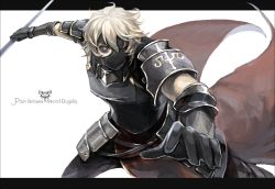 Rule 34 | 1boy, armor, black sclera, cape, colored sclera, copyright name, elbow gloves, gloves, grey eyes, highres, letterboxed, looking at viewer, male focus, mask, nicole pmonachi, pixiv fantasia, pixiv fantasia sword regalia, short hair, shoulder pads, solo, weapon, white hair