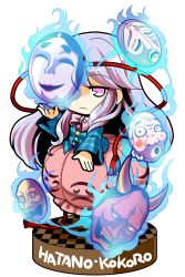 Rule 34 | 1girl, bow, bubble skirt, chibi, hata no kokoro, highres, long hair, long sleeves, looking at viewer, mask, mouth mask, noh mask, oni mask, pink eyes, pink hair, plaid, plaid shirt, purple hair, shirt, simple background, skirt, socha, solo, star (symbol), touhou, transparent background, triangle, very long hair, white background, wide sleeves