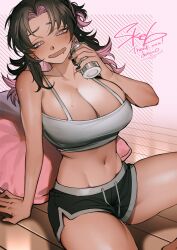 Rule 34 | 1girl, arm support, barefoot, beer can, black nails, black shorts, bon (vtuber), breasts, brown hair, can, colored inner hair, commission, crop top, dark-skinned female, dark skin, dotsuco, drink can, drooling, drunk, earrings, half-closed eyes, head tilt, highres, holding, holding can, huge breasts, indie virtual youtuber, jewelry, long hair, looking at viewer, midriff, multicolored hair, navel, navel piercing, on floor, open mouth, parted lips, piercing, pillow, pink hair, second-party source, short shorts, shorts, single earring, sitting, skeb commission, smile, solo, spread legs, stomach, sweat, tank top, thighs, virtual youtuber, white tank top