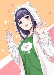 Rule 34 | 1girl, :d, animal ears, animal hood, animal print, arms up, black hair, blue eyes, blunt bangs, blush, breasts, cat day, cat ears, cat hood, cat print, claw pose, collarbone, commentary, dated, dutch angle, fake animal ears, fingernails, green shirt, highres, hood, hood up, hooded jacket, ito fumi, jacket, long hair, long sleeves, looking at viewer, medium breasts, multicolored background, open clothes, open jacket, open mouth, orange background, outline, print shirt, red background, shirt, shoujo kageki revue starlight, sidelocks, sleeves past wrists, smile, solo, sparkle background, teeth, tsuyuzaki mahiru, upper body, upper teeth only, white jacket, white outline