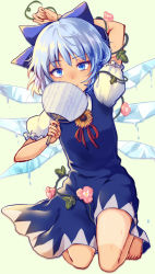 Rule 34 | 1girl, arm behind head, barefoot, blue dress, blue eyes, blue hair, cirno, dress, hand fan, flower, full body, hidden star in four seasons, highres, ice, ice wings, kneeling, looking at viewer, melting, plant, puffy short sleeves, puffy sleeves, red ribbon, ribbon, short hair, short sleeves, solo, sunflower, sweat, tan, tanline, tanned cirno, touhou, uneven eyes, uranaishi (miraura), vines, wings