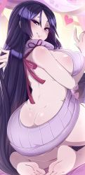 Rule 34 | 1girl, backless dress, backless outfit, bare back, barefoot, blush, breasts, butt crack, dimples of venus, dress, fate/grand order, fate (series), from behind, heart, highres, huge breasts, lavender dress, long hair, looking at viewer, looking back, meme attire, merunyaa, minamoto no raikou (fate), naked sweater, no bra, no panties, pinup (style), purple eyes, purple hair, ribbon, seiza, sideboob, sitting, sleeveless, sleeveless turtleneck, smile, soles, solo, sweater, sweater dress, thick thighs, thighs, turtleneck, turtleneck sweater, very long hair, virgin killer sweater