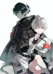 2boys ahoge arknights armband blue_eyes closed_mouth crossed_legs faust_(arknights) green_eyes hair_between_eyes hayama_eishi highres jacket kneehighs long_sleeves male_focus mephisto_(arknights) multiple_boys pants pointy_ears shorts simple_background smile socks white_hair white_legwear white_pants white_shorts