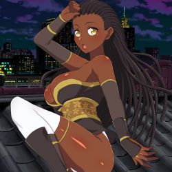 Rule 34 | baochan, black hair, black kimono, breasts, challengia, city, cityscape, crotch, dark-skinned female, dark skin, fingerless gloves, gloves, japanese clothes, kimono, large breasts, long hair, looking at viewer, nchans, nchans style, night, night sky, ninja, official art, open mouth, orcaleon, rooftop, sky, thighhighs, yellow eyes