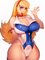 Rule 34 | 1girl, arm behind back, bare shoulders, blonde hair, blue eyes, blush, breasts, cameltoe, choker, cleavage, collarbone, covered navel, curvy, cutie honey, covered erect nipples, fumio (rsqkr), hairband, heart, heart choker, highres, huge breasts, kisaragi honey, long hair, red choker, simple background, solo, white background, wide hips