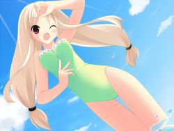Rule 34 | 1girl, arm up, blonde hair, dutch angle, long hair, low-tied long hair, mizutsuki, one-piece swimsuit, original, red eyes, solo, swimsuit