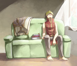 Rule 34 | 1boy, barefoot, book, book on head, book stack, brown capelet, brown hair, brown pants, cape, unworn cape, capelet, capelet removed, commentary request, couch, day, full body, indoors, male focus, natsuya (kuttuki), object on head, on couch, open book, open mouth, pants, ragnarok online, red shirt, shirt, short hair, sitting, sleeveless, sleeveless shirt, solo, white cape, window, wizard (ragnarok online)