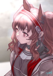 Rule 34 | 1girl, angelina (arknights), animal ears, arknights, blurry, blurry background, brown hair, choker, closed mouth, commentary request, earpiece, eyebrows hidden by hair, fox ears, from above, from side, hairband, highres, jacket, long hair, long sleeves, looking afar, open clothes, open jacket, red eyes, red hairband, shirt, signature, solo, striped clothes, striped hairband, twintails, upper body, wanko (realsight)