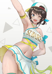 Rule 34 | 1girl, adopot, alternate costume, arm up, armpits, backwards hat, black hair, blue eyes, breasts, character name, cheerleader, commentary, cowboy shot, crop top, hair ornament, hairclip, halterneck, hand on own hip, hat, highres, hololive, large breasts, looking at viewer, midriff, multicolored clothes, multicolored hat, navel, one eye closed, one side up, oozora subaru, open mouth, pleated skirt, print shirt, shirt, short hair, skirt, smile, solo, stomach, tomboy, triangle, very short hair, virtual youtuber, white background, white skirt
