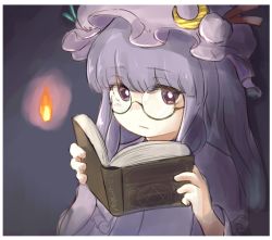 Rule 34 | 1girl, book, border, commentary request, crescent, crescent pin, dark, dark background, fire, fire, glasses, hat, holding, holding book, long hair, looking at viewer, open book, patchouli knowledge, purple eyes, purple hair, reading, round eyewear, solo, touhou, uisu (noguchipint), upper body, white border