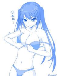 Rule 34 | 10s, 1girl, :t, artist name, bare shoulders, blue theme, bra, breasts, cleavage, clock eyes, closed mouth, date a live, dressing, front-hook bra, groin, inconvenient breasts, large breasts, long hair, monochrome, navel, panties, pout, simple background, solo, standing, strap slip, sweatdrop, symbol-shaped pupils, tokisaki kurumi, tokisakijp, translated, trembling, twintails, underwear, underwear only, open bra, white background