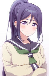 Rule 34 | 1girl, arms under breasts, black sailor collar, blush, breasts, buttons, closed mouth, crossed arms, double-breasted, gradient background, green neckerchief, grey background, hair between eyes, high ponytail, highres, long hair, long sleeves, looking at viewer, love live!, love live! sunshine!!, matsuura kanan, medium breasts, neckerchief, parted bangs, ponytail, purple eyes, purple hair, sailor collar, school uniform, serafuku, shirt, sidelocks, solo, surufuji, sweatdrop, upper body, uranohoshi school uniform, white background, winter uniform, yellow shirt