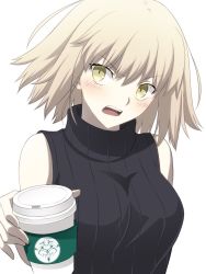 Rule 34 | 1girl, bare shoulders, black ribbon, black sweater, blush, breasts, coffee cup, commentary request, cup, disposable cup, fate/grand order, fate (series), fumika asano, grey hair, head tilt, highres, holding, holding cup, jeanne d&#039;arc (fate), jeanne d&#039;arc alter (avenger) (fate), jeanne d&#039;arc alter (fate), looking at viewer, medium breasts, open mouth, ribbed sweater, ribbon, short hair, sleeveless, sleeveless sweater, solo, sweater, turtleneck, turtleneck sweater, upper body, yellow eyes