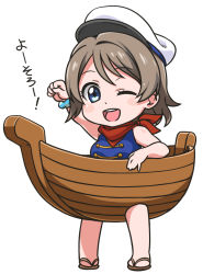 Rule 34 | 1girl, arm up, bangle, blue eyes, boat, bracelet, chibi, grey hair, hat, jewelry, love live!, love live! sunshine!!, one eye closed, open mouth, sailor hat, sandals, short hair, sleeveless, smile, solo, translated, watanabe you, watercraft, white background, youkan