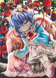 Rule 34 | 1girl, absurdres, black hairband, blouse, blue hair, blue shirt, closed mouth, commentary request, eyeball, floral background, floral print, flower, frilled skirt, frilled sleeves, frills, full body, hair between eyes, hairband, heart, highres, holding, komeiji satori, leaf, long sleeves, looking at viewer, maa (forsythia1729), marker (medium), pink footwear, pink skirt, purple eyes, red flower, red rose, rose, rose background, rose print, shirt, skirt, smile, socks, solo, stained glass, third eye, touhou, traditional media, white socks, wide sleeves