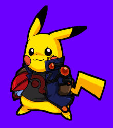 Rule 34 | blue background, blush stickers, brown gloves, cosplay, creatures (company), facial mark, fudo yusei (cosplay), fudo yusei, game freak, gen 1 pokemon, gloves, helmet, holding, holding helmet, jacket, nintendo, no humans, open clothes, open jacket, pikachu, pokachuu, pokemon, pokemon (creature), print shirt, shirt, simple background, smile, yu-gi-oh!, yu-gi-oh! 5d&#039;s
