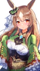 Rule 34 | 1girl, :o, animal ears, blush, braid, breasts, brown hair, center frills, commentary, cropped jacket, frills, green jacket, green skirt, hair between eyes, half updo, highres, horse ears, jacket, large breasts, long hair, long sleeves, looking at viewer, multicolored hair, parted lips, red eyes, satono diamond (umamusume), shirt, simple background, skirt, sleeves past fingers, sleeves past wrists, solo, two-tone hair, umamusume, very long hair, white background, white hair, white shirt, ymd (holudoun)