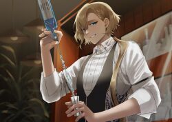 Rule 34 | 1boy, alcohol, bartender, between fingers, black ribbon, black vest, blonde hair, blue eyes, bottle, braid, collared shirt, cup, earrings, french braid, gin (neural cloud), girls&#039; frontline, girls&#039; frontline neural cloud, grin, hair behind ear, hair between eyes, hair over shoulder, hair ribbon, hanging light, highres, holding, holding bottle, holding cup, indoors, jewelry, long hair, looking at viewer, low ponytail, male focus, mole, mole under eye, pecora (udpf2448), plant, pouring, ribbon, shelf, shirt, sleeve garter, sleeves rolled up, smile, solo, stud earrings, upper body, vest, white shirt