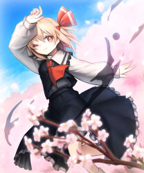 Rule 34 | 1girl, blonde hair, bow, hair bow, highres, looking at viewer, one eye closed, outdoors, red eyes, rumia, short hair, smile, solo, spark621, touhou, vest
