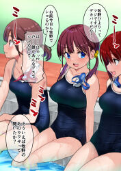 Rule 34 | 3girls, blue eyes, blush, breasts, brown eyes, brown hair, collarbone, commentary request, competition school swimsuit, cowboy shot, goggles, highres, hiyori (wakana hanabi), large breasts, looking at another, medium breasts, multiple girls, open mouth, original, pool, red eyes, red hair, school swimsuit, sitting, sound effects, speech bubble, swimsuit, teeth, translation request, unworn goggles, upper teeth only, wakana hanabi, water, wet