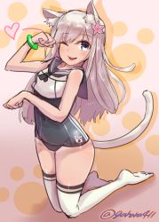Rule 34 | 10s, 1girl, ;p, animal ears, animal hands, bad id, bad pixiv id, cat ears, cat paws, cat tail, crop top, highres, kantai collection, kneeling, kt. (kaisou-notagui), long hair, looking at viewer, one-piece swimsuit, one-piece tan, one eye closed, purple eyes, ro-500 (kancolle), school swimsuit, silver hair, solo, swimsuit, tail, tan, tanline, thighhighs, tongue, tongue out, twitter username, white thighhighs