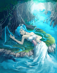 Rule 34 | 1girl, aqua eyes, aqua hair, armpits, bare shoulders, breasts, cleavage, corset, dress, flower, fuyumoe, hair flower, hair ornament, hatsune miku, jewelry, long hair, lying, necklace, partially submerged, small breasts, solo, strapless, strapless dress, tree, twintails, very long hair, vocaloid, water