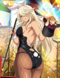 Rule 34 | 1girl, animal ears, ass, backless outfit, black leotard, breasts, brown eyes, brown pantyhose, closed mouth, cowboy shot, fake animal ears, fake tail, hair over one eye, hairband, hat, unworn hat, unworn headwear, holding, holding clothes, holding hat, ikkitousen, large breasts, leotard, long hair, looking at viewer, looking back, musashibou benkei (ikkitousen), panties, panties under pantyhose, pantyhose, rabbit, rabbit ears, rabbit tail, shiny skin, sideboob, smile, solo, standing, tail, underwear, very long hair, white hair, white hairband, wrist cuffs