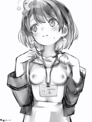 Rule 34 | 1girl, :i, bad id, bad twitter id, blush, breasts, clothes lift, copyright request, creature on head, earrings, greyscale, hands up, highres, jacket, jewelry, lanyard, lifting own clothes, long sleeves, looking away, looking to the side, medium hair, monochrome, name tag, nanashi (nlo), nipples, open clothes, open jacket, shirt lift, simple background, skirt, small breasts, solo, upper body, virtual youtuber, white background