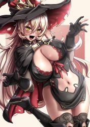 Rule 34 | 1girl, :d, black cape, black dress, black footwear, black gloves, blonde hair, blush, boots, bra, bra peek, breasts, cape, cleavage, clothing cutout, commentary request, cowboy shot, dress, fang, gloves, hair between eyes, hat, highres, large breasts, long hair, looking at viewer, multicolored cape, multicolored clothes, navel, navel cutout, nijisanji, nui sociere, nui sociere (1st costume), open mouth, partially fingerless gloves, pelvic curtain, red bra, red cape, shoe soles, sidelocks, skin fang, slit pupils, smile, solo, standing, standing on one leg, thigh boots, thighhighs, tongue, torn clothes, torn hat, underwear, virtual youtuber, white background, witch hat, yaruku, yellow eyes